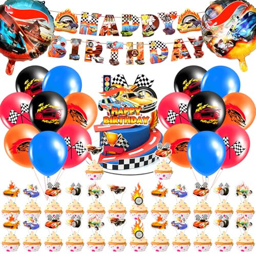 Auto Birthday Decorations for Boys Girls, Car Cake Toppers Party Decor Latex Balloons Cake Decoration Foil Balloons Happy Birthday Banner Cupcake Toppers Party Supplies for Kids Teenager