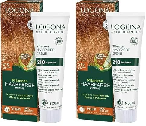 LOGONA Naturkosmetik Pflanzen-Haarfarbe Creme 210 Kupferrot, Kupferrote Natur Haarfarbe mit Henna, vegane Farbcreme für eine dauerhafte Coloration, schonende Färbung für glänzendes Haar, 150ml