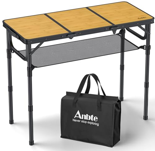 Anbte Campingtisch Klapptisch aus Aluminium 88x40cm(LxB) Falttisch mit 3 Verstellbare Höhe 26/48/70cm MDF-Holz Tischplatte Aufbewahrungsnetz für Camping Strand Balkon (Schwarz-Rahmen)