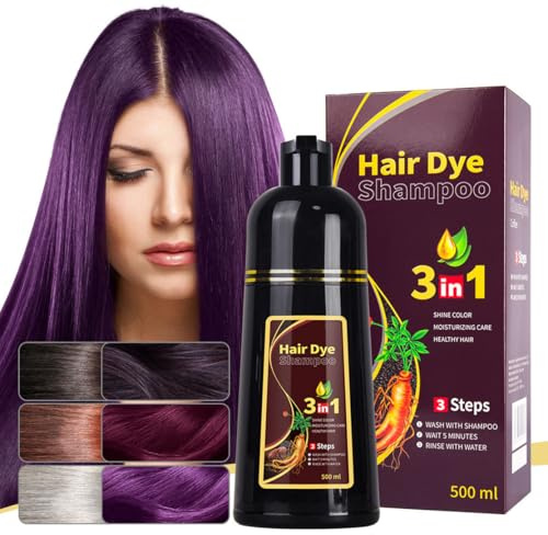 3 In 1 Black Instant Hair Color Shampoo, Long Lasting, Fast Hair Dye For Men & Woman, Instant Black Hair Dye Shampoo For Gray Hair, 500ml (Purple)