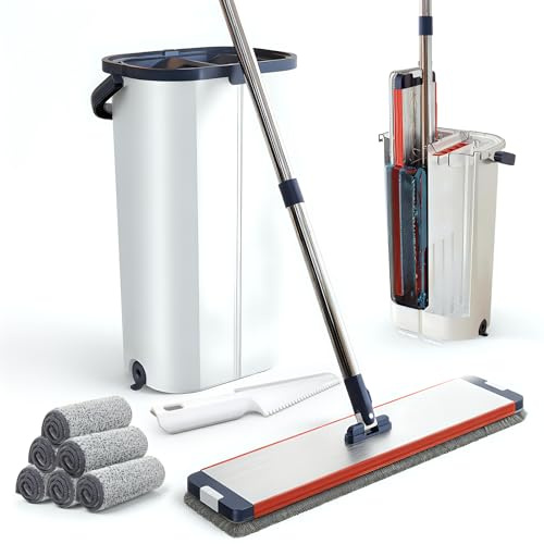 Mop and bucket, Premium Microfiber Mop and Buckets Sets - 40cm Hands-Free Flat Mop with 43.5cm Bucket, 6 Washable Super Absorbent Pads, 1 Mop Cleaning Brush, 2-in-1 Wet & Dry Cleaning System (Blue)