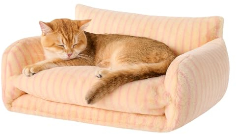Hollypet Katzenbett, flauschiges Plüsch, multifunktional, doppellagig, weich, orthopädisches Sofa, Nest, Betten für kleine Katzen und Hunde, rosa Streifen (53,3 x 38,1 x 20,3 cm)