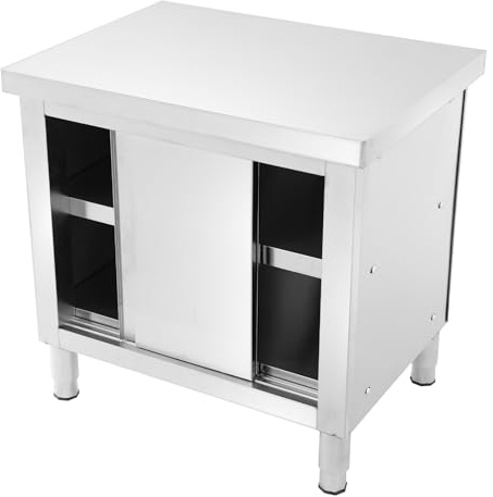 PattenlLevi Armadio da lavoro per catering, 80 x 40 x 80 cm, altezza piedi regolabile ca. 1-2 cm, tavolo da lavoro a due piani con ante scorrevoli, cucina gastro armadio in acciaio inox, portata 100