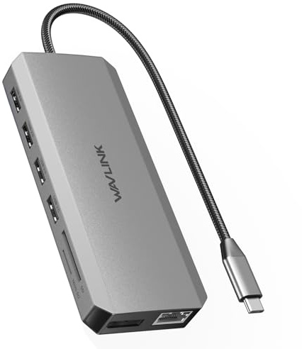 WAVLINK Docking station USB C doppio monitor per laptop Dell/Lenovo/HP/XPS, adattatore multiporta USB-C Hub Dongle Dock con 2 HDMI, DisplayPort, Hub Ethernet, alimentazione 87 W, lettore di schede SD