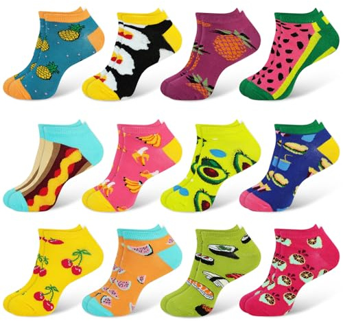 DiULi 12 Paires Chaussettes Femme,Chaussette Coton Femme de Sport,Fem me Chaussettes Fantaisie,Respirant Socquettes Basses Fantaisie,pour Randonnée Marche Running Jours,Motifs Amusants-10PCS-A,39-42