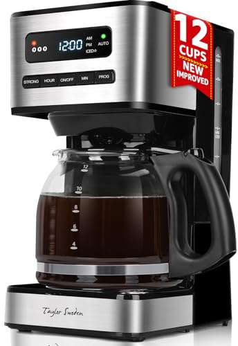 Taylor Swoden Cafetiere filtre 1.8L (12-15 Tasses), Programmable 24H, Café Glacé + 3 Niveaux Concentration, Autonettoyage, Anti-Goutte, Maintien au chaud & Arrêt Auto 40Min, Filtre Amovible,écran LED