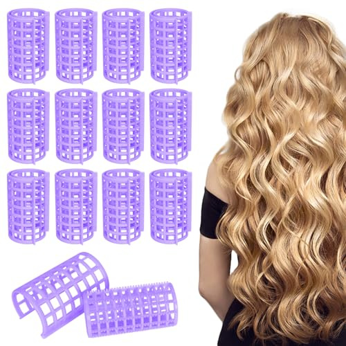 12 Pcs Hair Rollers Set, Self Grip Hair Rollers, Plastic Rollers Curlers, Adhesive Roller, for Long Medium Short Hair Styling Hair