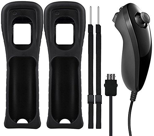 AFUNTA Nunchuck Controller et Silicone Cases pour Nintendo WII & WII U Télécommande, Housse de Protection avec dragonne, avec contrôleur de Remplacement pour WIIU Video Game - Noir