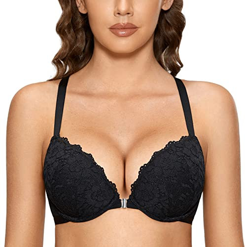 DOBREVA Women's Push Up Bra Support Racer Back Front Fastening Lace Padded Plunge Underwired Bra Black 34AA