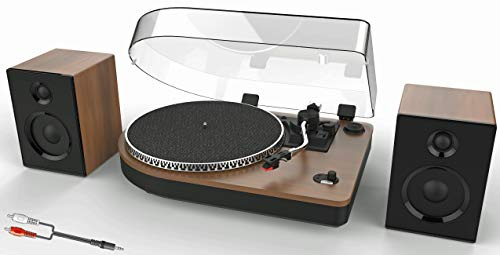 Steepletone Camden 2 - Professional Record Player, Built-In Amplifier, Separate Speakers, Bluetooth Transmit + Bluetooth Music Playback: Connect Smartphones etc, Dark Wood Colour (Inc Jack Cable)