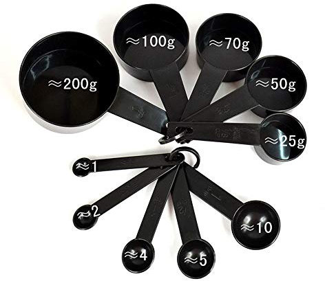 Lot de 10 gobelets à mesurer en plastique de couleur noire avec poignée de mesure et cuillère à mesurer pour la cuisine, le thé, le café