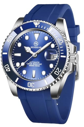 BERSIGAR - Orologio automatico da uomo, da polso, meccanico, casual, elegante, con vetro zaffiro, data, calendario, cinturino in acciaio inox/cinturino in silicone, Blu, Bracciale