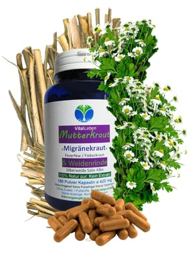 MUTTERKRAUT + WEIDENRINDE 180 Kapseln [Migränekraut Feverfew Fieberkraut] - Frauen Universalmittel nach Hildegard von Bingen. 100% NATUR pur [OHNE ZUSATZSTOFFE] 26685-180