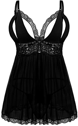 EVELIFE Damen Übergröße Dessous Set Spitze Sexy Chemise Nachtwäsche Babydoll Kleid mit G-String(Pures Schwarz XXL)