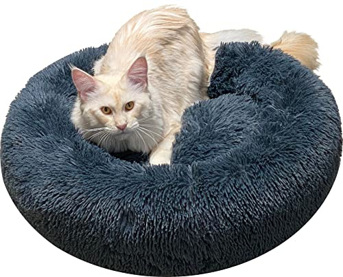 Comlax Beruhigende Donut Hundebetten Klein, Rundes Kissen mit abnehmbarem waschbarem Bezug, Anti-Angst-Kunstfell-Kuscheltier, Flauschiges, bequemes, pelziges Haustierbett (50cm, Dunkel Grau)