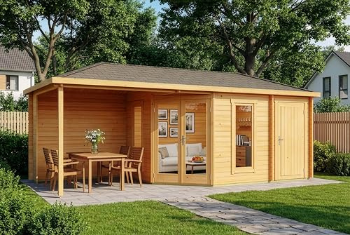 Alpholz 5-Eck Gartenhaus Liwa mit Anbau 728x317cm Imprägn. 28mm Wandstärke | aus Holz (Nordische Fichte|Kiefer), Blockbohlenbauweise, Walmdach