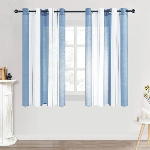 MRTREES Tende Finestre con Occhiello a Strisce Semi Trasparente per Cameretta Bambini Tenda Leggera Elegante per Camera da Letto Soggiorno Cucina Interni Moderne 2 Pezzi Bianco+Azzurro 140x145 CM
