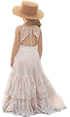 BIBIHOU Girl Tulle Backless Design Layered Embroidered Long Party Wedding Flower Girl Dresses,7 Years