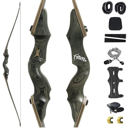 Black Hunter 60 Zoll Bogenschießen Takedown Langbogen 20-60lbs Rechtshand | Langbogen mit Holzbogengriff Jagdbogen,Traditioneller Langbogen für Erwachsene Sportbogen Bogensportler