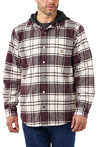 Carhartt Rugged Flex Relaxed Fit Flannel Fleece Lined Hooded Shirt Jac Camisa con Botones de Utilidad de Trabajo, Malt, M de los Hombres