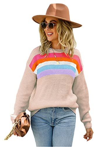 HEYPORK Damen Herbst Winter Warm Bequem Pullover Casual Mode Strickjacke Strickpullover Frauen Herbst/Winter Patchwork Regenbogenfarben Pullover Strickpullover(Khaki, S)