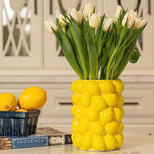 BIEN BEAU Zitronenvase, 17,8 cm hoch, Keramik, mediterraner Stil, Tischvasenhalter mit 3D-Zitronen-Design, Zitronen-Küchendekor, inspiriert, Zitronen-Themen-Geschenke