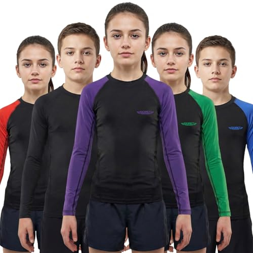Exxact Sports Kids BJJ Rash Guard Long Sleeve, Ranked No Gi Jiu Jitsu Compression Shirt for Boys & Girls for MMA, Wrestling - (Black/Purple, YS)