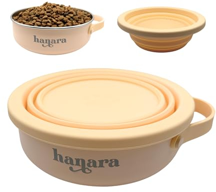 HANARA 2-in-1 Isolierter Edelstahl-Hundenapf mit extra faltbarem Deckel und Griff für Hunde, Katzen, Haustiere, rutschfeste Gummiunterseite, tragbar, ideal für drinnen und draußen, 850 ml (plus 590 g)
