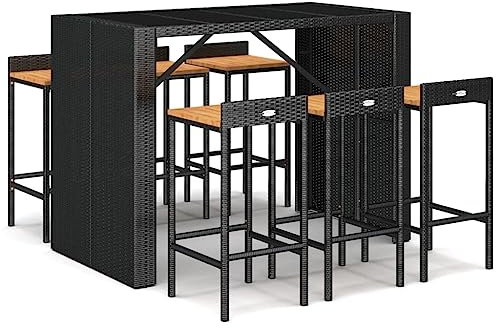 Makastle 7-teilig Gartenbar Set, Garten Sitzgruppe Essgruppe Stehtisch Barstühlen Gartenmöbel, Bartisch mit Barhocker Set für Garten Rasen, Schwarz Poly Rattan & Massivholz Akazie