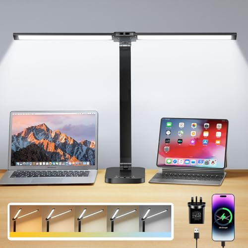 Dual Swing Arm Desk Lamp, 10 Brightness/5 Colors/Memory Reading Lamp, 1200LM+196 LED Desk Lamp with Adapter & USB Charging Port, 1.8M Range Desk Light, Desk Lamps Office, Study Lamp, Daylight Lamp