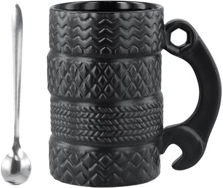 Volumoon Reifentasse Auto, 3D Coole Auto Tasse, Kreativer Reifenförmiger Keramikbecher mit Löffel, Kaffeetasse Personalisiert, Reifenbecher für Männer, Getränke, Autoliebhaber, Mechaniker, 500 ML
