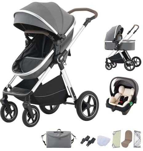 Bebby 3-i-1-barnvagn, kombibarnvagn, 2-i-1-set, hopfällbar, bärbar, resesystem, för nyfödd, för höglänta områden (D2-djupgrå)