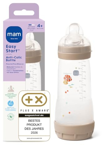 MAM Easy Start Anti-Colic Babyflasche 320 ml, 0+ Monate, Gr. 2, Fisch | Selbst-sterilisierend in der Mikrowelle in 3 Min, Anti-Kolik-Bodenventil, brustähnlicher SkinSoft Sauger, ab Geburt