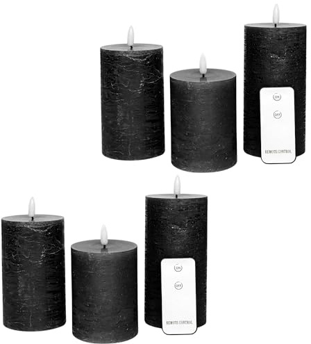 6er Set Led Kerzen 7,5cm ø Kerze flackernde Flamme mit Fernbedingung SCHWARZ 15 cm + 12,5 cm + 10 cm Höhe, LED Kerzen mit Timerfunktion, 3 AAA Batterien nötig, LED Echtwachs Stumpenkerzen warmweiß