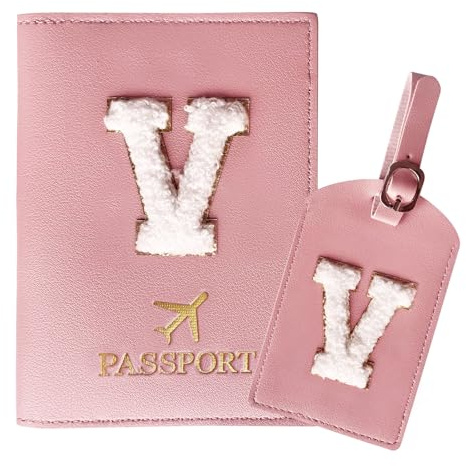 ZVRSUA Reisepasshülle Rosa und Kofferanhänger Set mit Buchstabe V, Passport Hülle Reise Gadgets und Travel Essentials Hülle Reisepass,Geschenk für Frauen/Teenager/Mädchen/Kind(V)