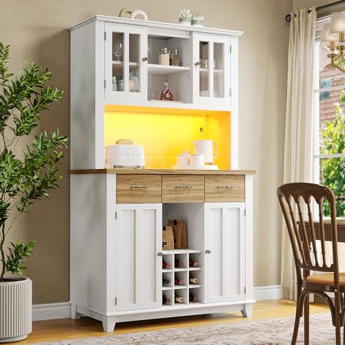 BXEYXE Armadio da cucina, alto armadio da cucina a buffet, armadio a buffet con ripiani regolabili, credenza con illuminazione, armadio a buffet (cassetti color legno)