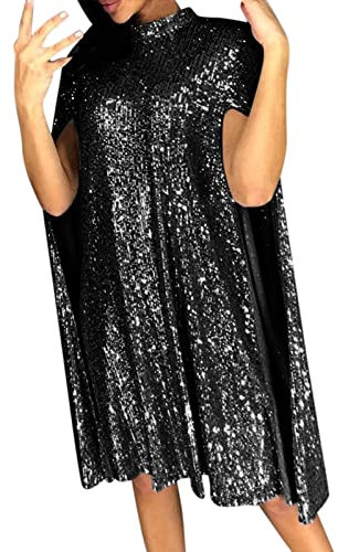 Duohropke Pailletten Cape Kleid Elegant Sexy Hochzeitskleid Langarm Rollkragen Kleid Schlitz Langarm Glitter Mesh Sheer Bodycon Minikleid Party Outfits Festliche Kleider