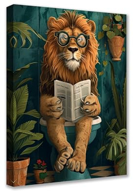 Toile murale encadrée avec lion sur toilettes et plantes tropicales – Décoration d'intérieur encadrée, prête à être accrochée – Lion sur toilettes