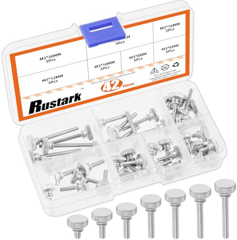 Rustark 42Pcs 7 Sizes M3 Nickle Plated Knurled Thumb Screws Flat Knurled Head Screws Fully Threaded Thumb Screws Bolts Fastener Grip Knobs Fasteners for Machinery Equipment