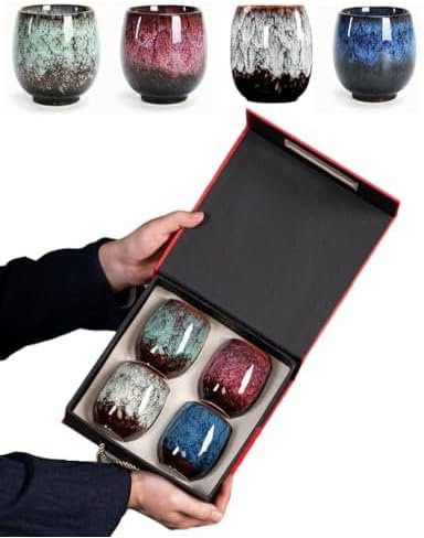 Vellichor Europe Set of 4 Kiln-Glazed Pottery Teacups in Lovely Gift Box. Seasonal Design Spring, Summer, Autumn, Winter 175ml Traditional Japanese & Chinese Style Ochoko Sake Cups