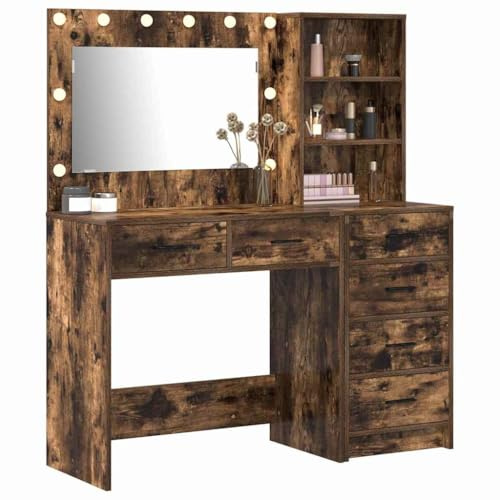 vidaXL Smyckebord med låda Brun 78.5 x 41 x 135 cm Konstruerat trä, Sovrumsbänk, modern, smart förvaring, ergonomisk möbel, dekorativt bord, rumsorganisatör, LED-spegel