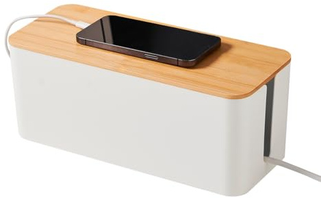 feyiubmen 32 x 13.5 x 12.7 cm Kabelbox - Praktische Kabelmanagement Box mit Bambusdeckel für ordentliche Kabelführung, Kabelbox für Büro und Zuhause, effektives Kabelmanagement(Weiß)