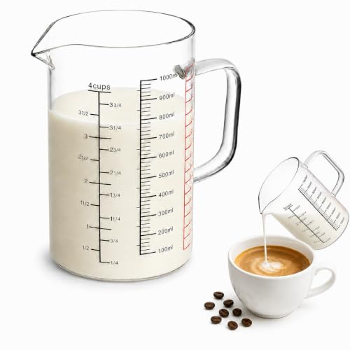 JECOMPRIS Glasmessbecher Mit Griff Und Ausguss Messbecher Glas Für Flüssigkeiten Präzise Skalen in Ml Und Oz Für Kochen Backen Mischen Und Kaffeezubereitung