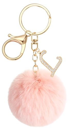 JSRQT Porte-clés Pompons Roses avec Initiales L, Porte-clés Lettres Alphabet en Métal et Strass pour Femme Fille, Pendentifs Keychain de Sac en Peluche Douce, Décoration de Sac à Main et Sac à Dos