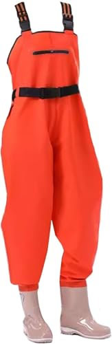 KIJyfgTR Wathosen for Damen, wasserdichte Hüftwathosen, Leichter PVC-Hüftstiefel mit Stollenlaufsohle und Verstellbarer Schnalle(Orange,6)
