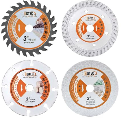 BGTEC Disco Diamantato - 4 pezzi 75mm Lama per Sega Circolare con attacco 10mm per Legno, Plastica, Calcestruzzo, Vetro