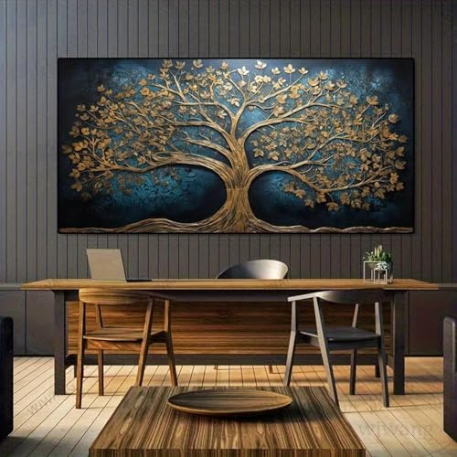 LMAIWANG Quadro su tela Albero della vita astratto, rami intricati dorati e blu navy con uccelli, grande decorazione da parete per la casa, 90x180 cm, senza cornice.