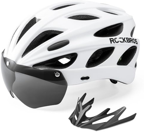 ROCKBROS Casco Bici da Ciclismo Certificato CE, Casco con Visiera Staccabile Lenti Grigie Magnetici per MTB Bicicletta, Donna Ragazzo Protezione, Circonferenza Regolabile 54-58cm, M, Bianco