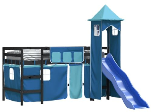 Goldicoo Kinder Hochbett mit Vorhänge, Rutsche & Turm – Rosa Blau Schwarz – 80x200 90x190 90x200 – Massivholz Kiefer – Spielbett Kinderbett für Jungen und Mädchen