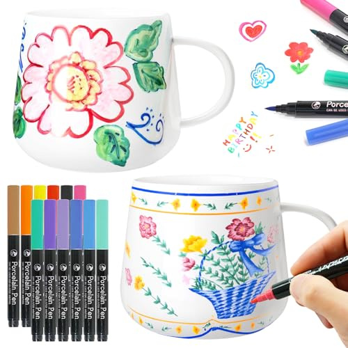 Juego de pintura de cerámica, juego de 2 tazas para pintar con 12 lápices de acuarela, tazas para pintar, taza para pintar, juego de pintura de cerámica para el hogar, juego de manualidades para